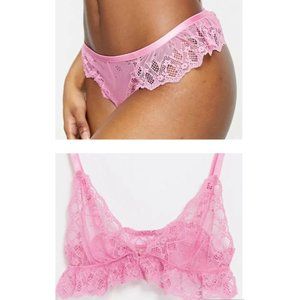 Asos Underwear Set Ellie Lace Frilly Pink Thong Panties & Longline Bra UK10 US6